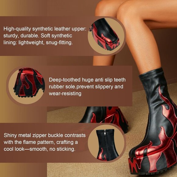 Women's Red Flame Printing Chunky Sole Ankle High Zipper Closure Round Toe Boots - Picture 5 of 9